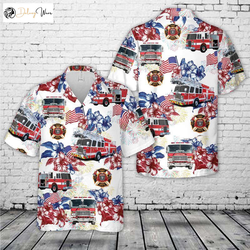 Men s 4th Of July Hawaiian Shirt Gift for Men Dad Father: Firefighter Fire Truck Design Short Sleeve Fun
