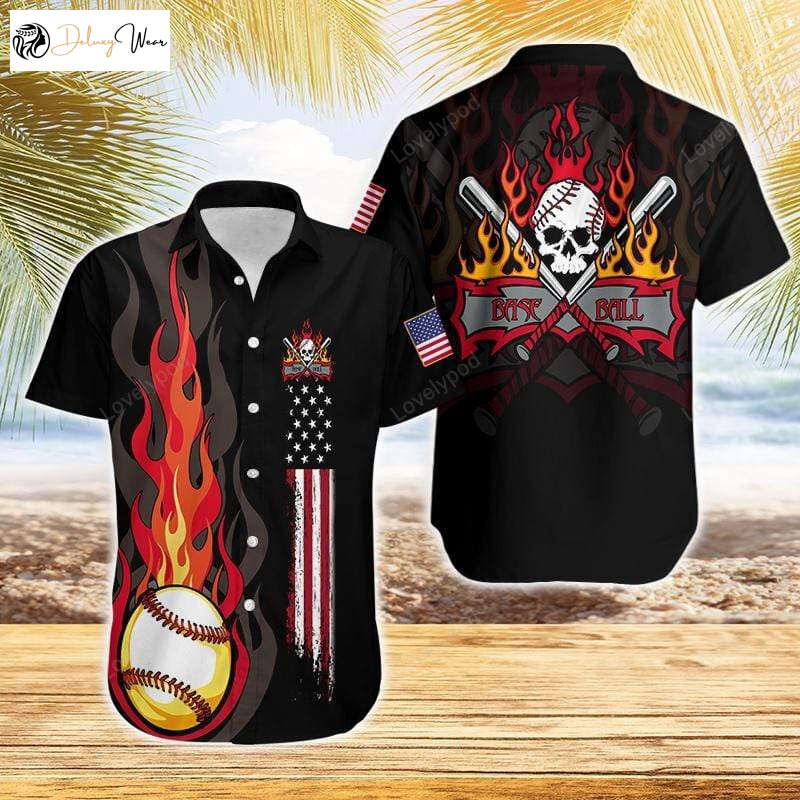 Flame Baseball Skull American Flag Hawaiian Shirt Gift for Men Dad Fathers – Ultimate Style Statement for Baseball Enthusiasts