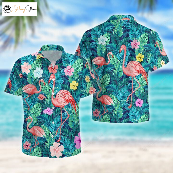 Flamingo Green Tropical Hawaiian Shirt Gift for Men Dad Father – Perfect Summer Gift for Men Aloha Beach Shirt
