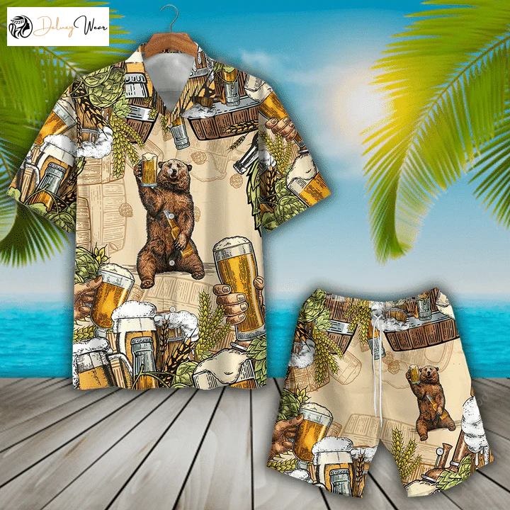 Hilarious Bear Party Hawaiian Shirt Gift for Men Dad Father: Beer-Loving Bear Drinking Beer Summer Design