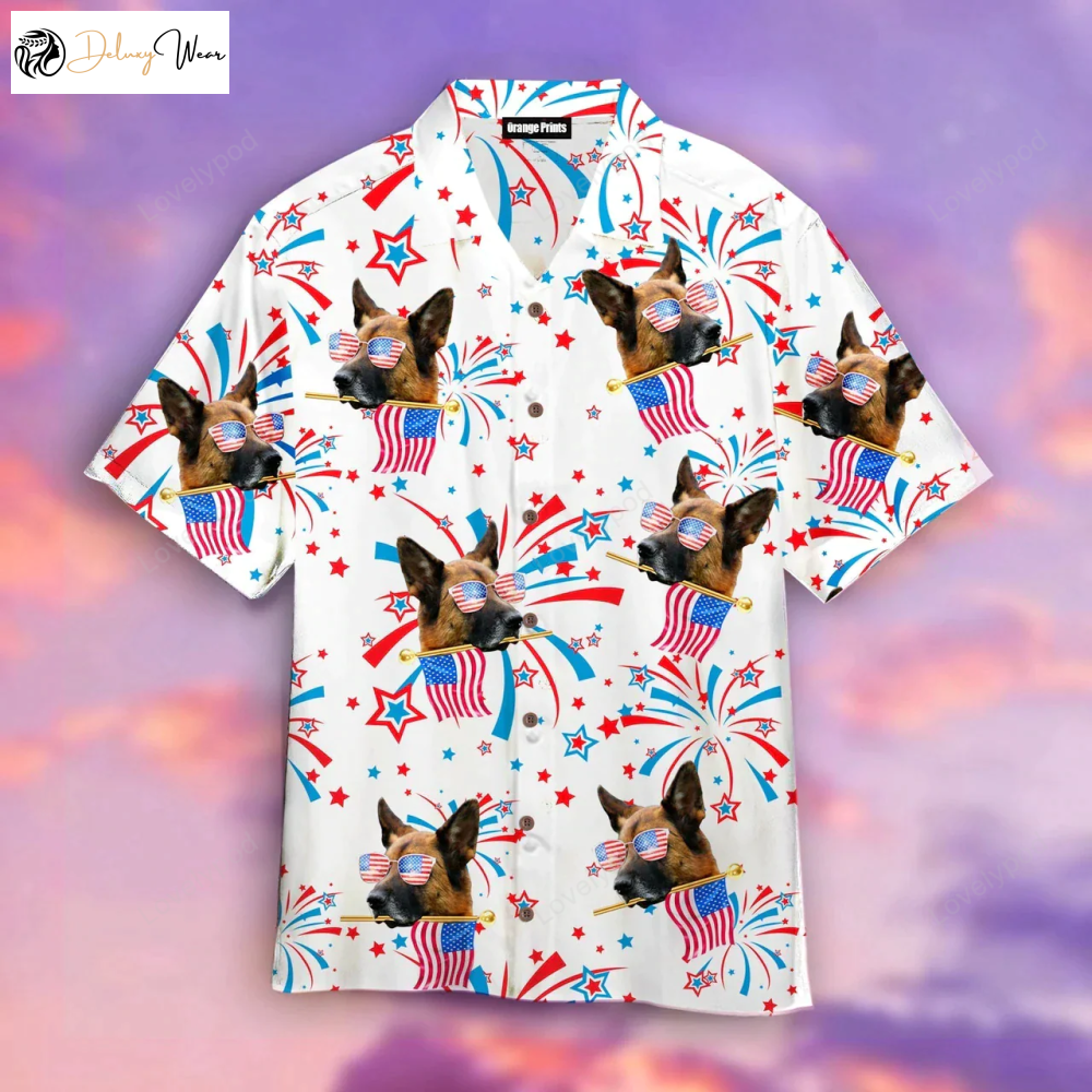 German Shepherd Happy America Flag Hawaiian Shirt Gift for Men Dad Father: Stylish Patriotic Apparel for Dog Lovers