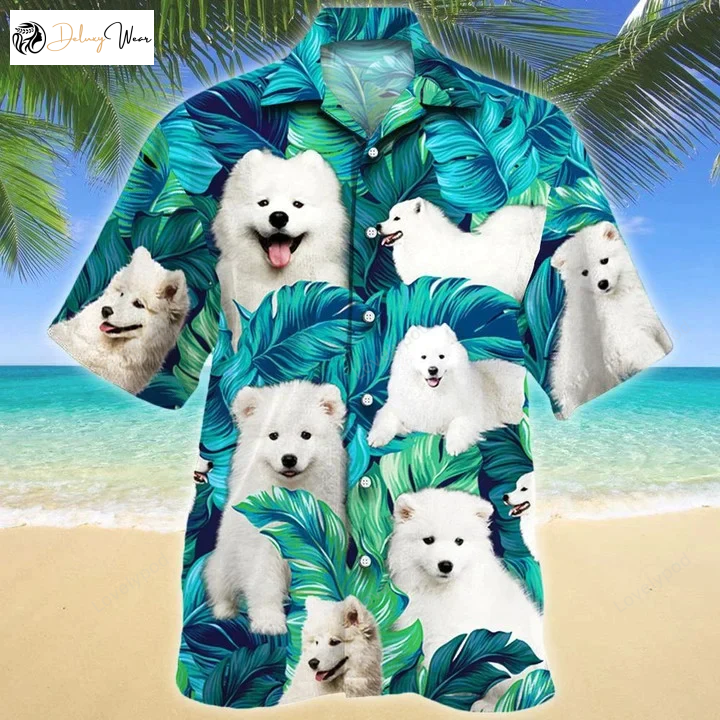 Kawaii Samoyed Dog Lovers Hawaiian Shirt Gift for Men Dad Father: Beach Palm Tree Pattern Gift for Summer