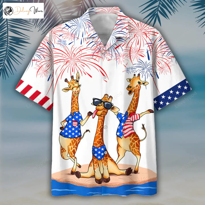 4th of July Patriotic Giraffe Hawaiian Shirt Gift for Men Dad Father: Full Print Aloha Beach Shirt