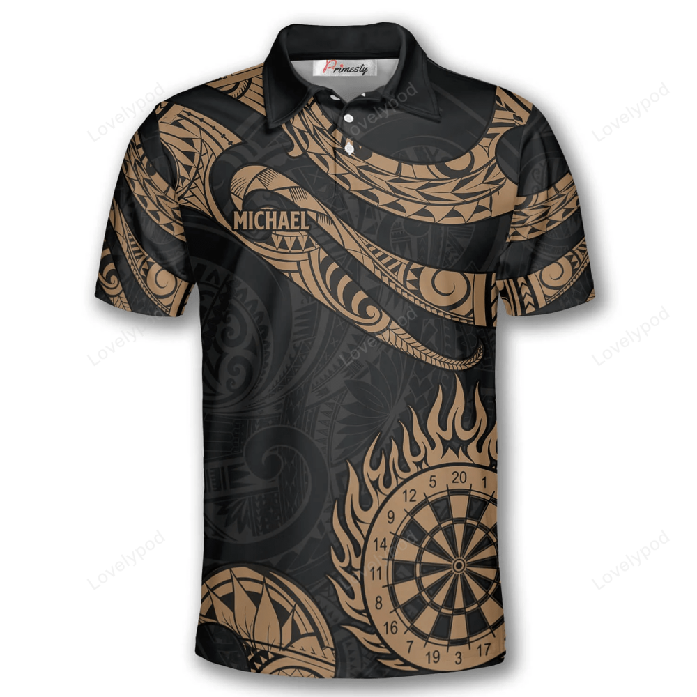 Custom Golden Hawaiian Tribal Darts Shirts for Men – 3D Printed Dart Polo with Custom Name & Team