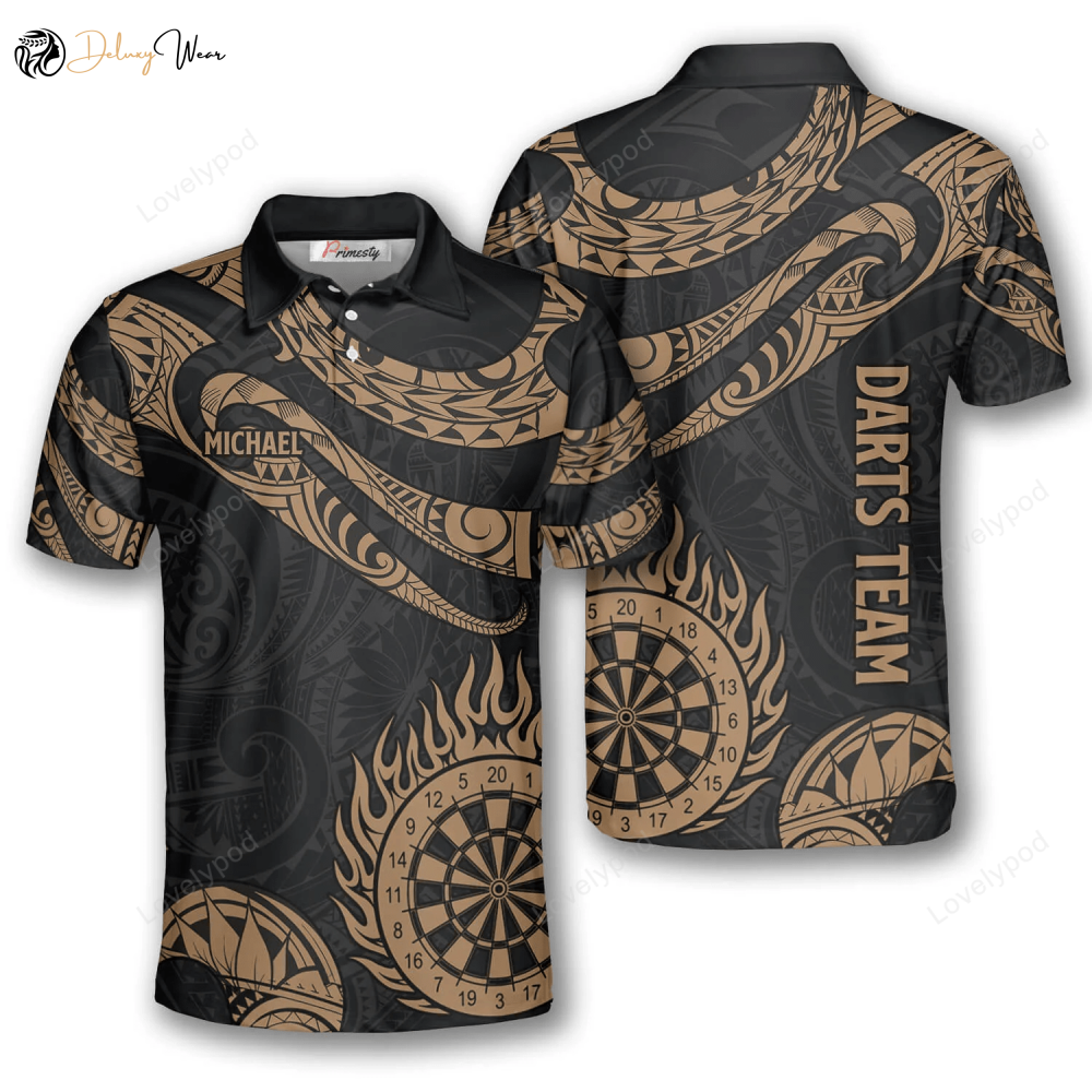 Custom Golden Hawaiian Tribal Darts Shirts for Men – 3D Printed Dart Polo with Custom Name & Team