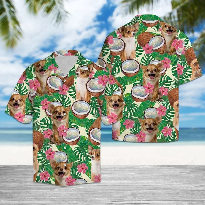Happy Chihuahua Hawaiian Shirt Gift for Men Dad Father: Tropical Coconut Jungle Pattern