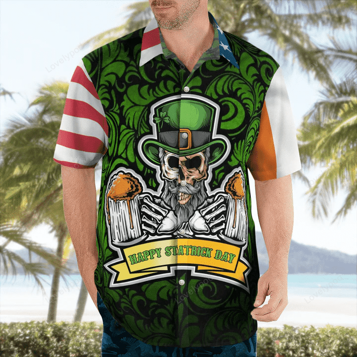 Hawaiian Aloha Shirts: American Irish Flag with Celtic Cross Drinking Skeleton – Perfect Gift for Irish