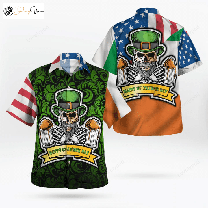 Hawaiian Aloha Shirts: American Irish Flag with Celtic Cross Drinking Skeleton – Perfect Gift for Irish