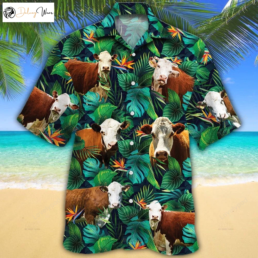 Discover the Perfect Tropical Leaves Hawaiian Shirt Gift for Men Dad Father for Hereford Cattle Lovers!
