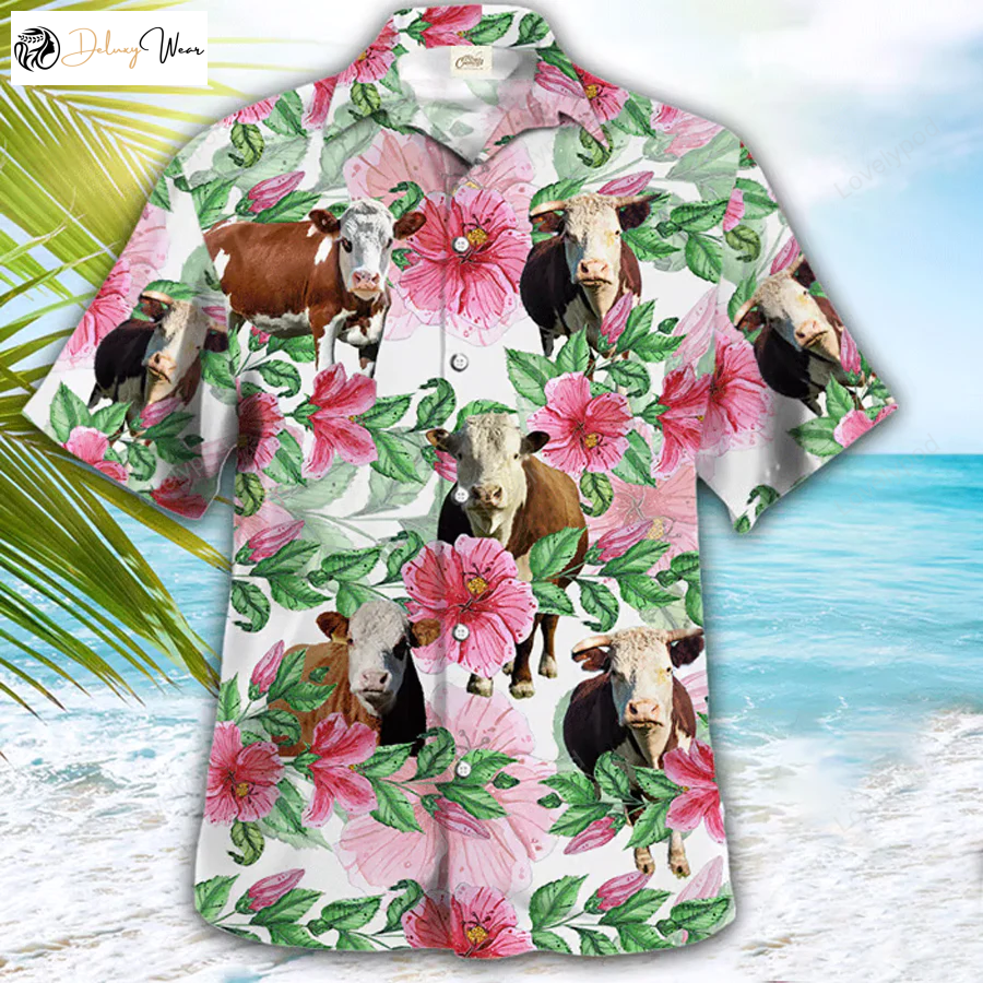 Hereford Cow Hawaiian Shirt Gift for Men Dad Father – Farmer & Funny Summer Tropical Gift for Him