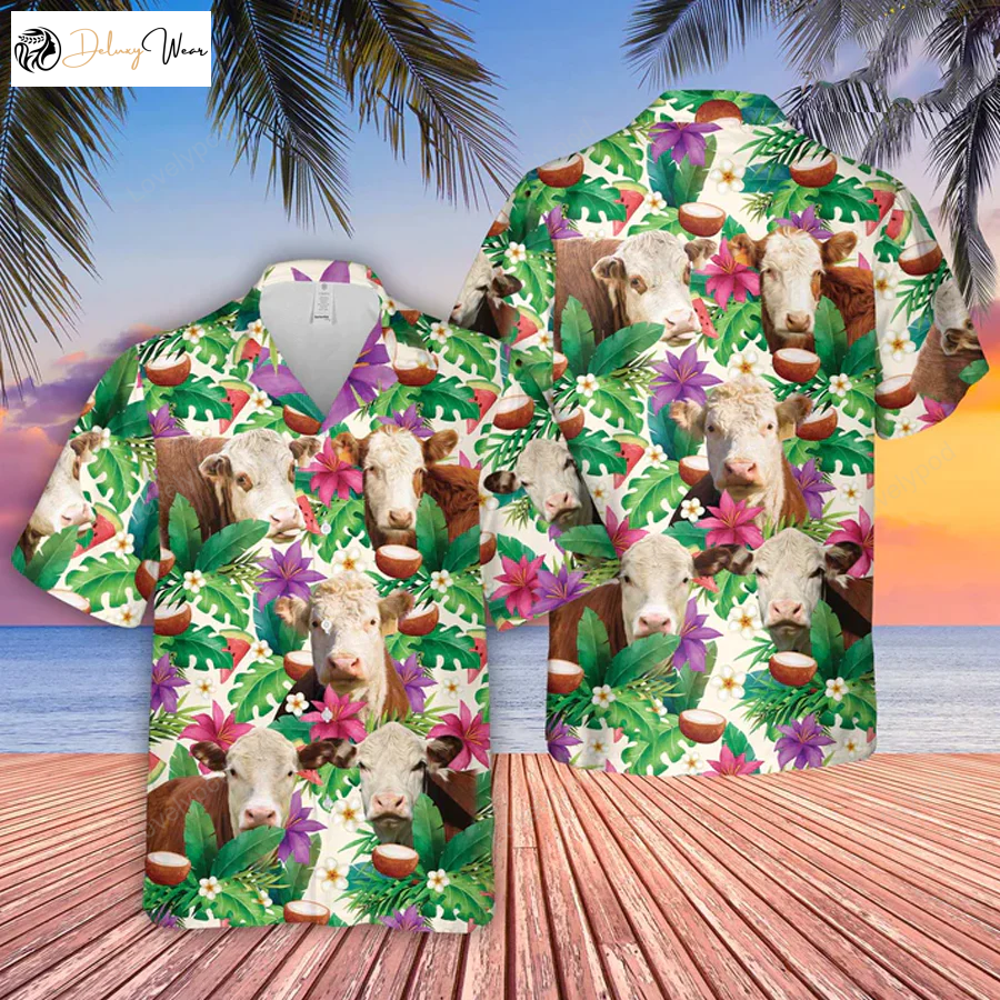 Hereford Summer Floral 3D Hawaiian Shirt Gift for Men Dad Father – Farm Lover Casual Button Down Shirt