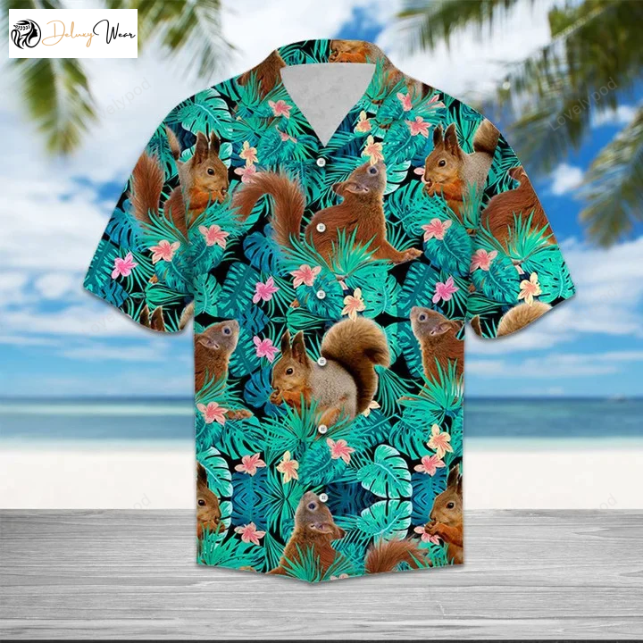 Hiding Squirrels Tropical Palm Leaves Hawaiian Shirt Gift for Men Dad Father – Perfect Summer Vacation Gift