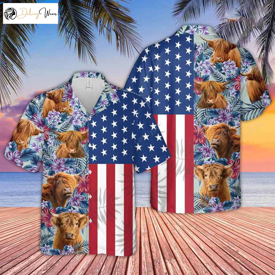 Highland Cattle Flower Pattern 3D Hawaiian Shirt Gift for Men Dad Father for Men & Women – US Flag Design