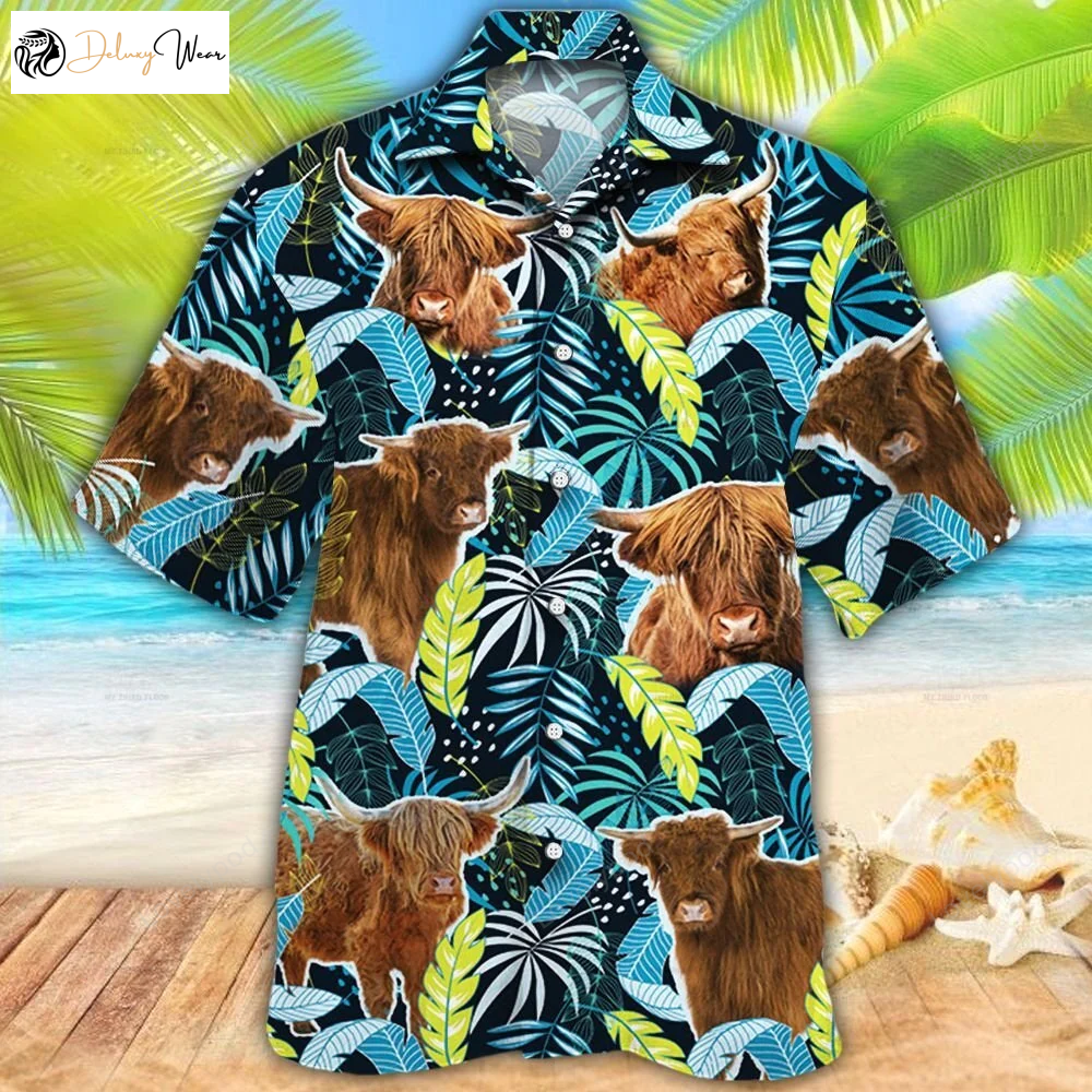 Unique Highland Cattle Lovers Hawaiian Shirt Gift for Men Dad Father with Jungle Leaves Design