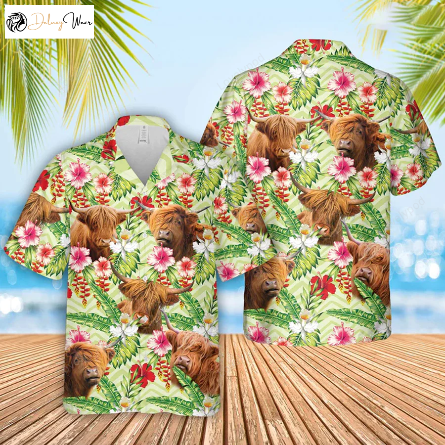 Highland Hibiscus Floral 3D Hawaiian Shirt Gift for Men Dad Father: Farm Lover & Casual Button Down