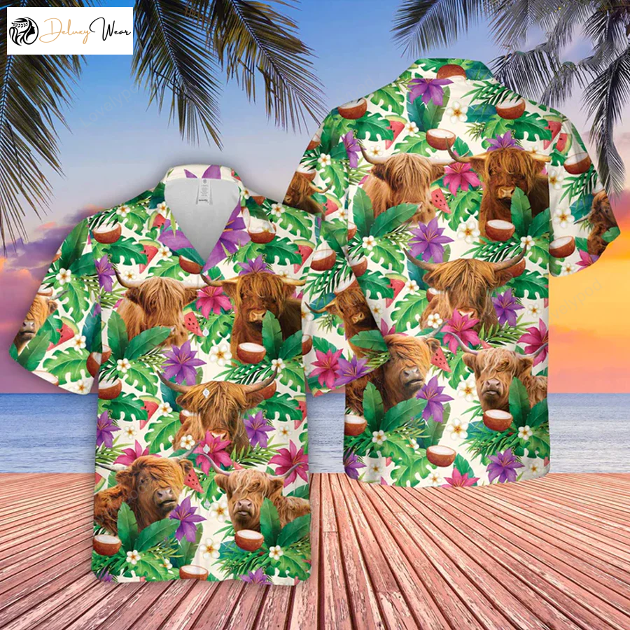 Highland Summer Floral 3D Hawaiian Shirt Gift for Men Dad Father – Farm Lover Hawaiian Casual Button Down Shirt