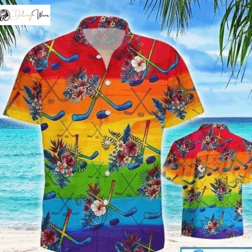 Hockey LGBT Aloha Hawaiian Shirt Gift for Men Dad Fathers: Colorful Rainbow Pride Gift for Gaymer & Lesbian