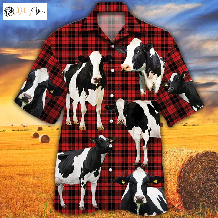 Holstein Friesian Cattle Lovers Red Tartan Hawaiian Shirt Gift for Men Dad Father – Animal Aloha Gift