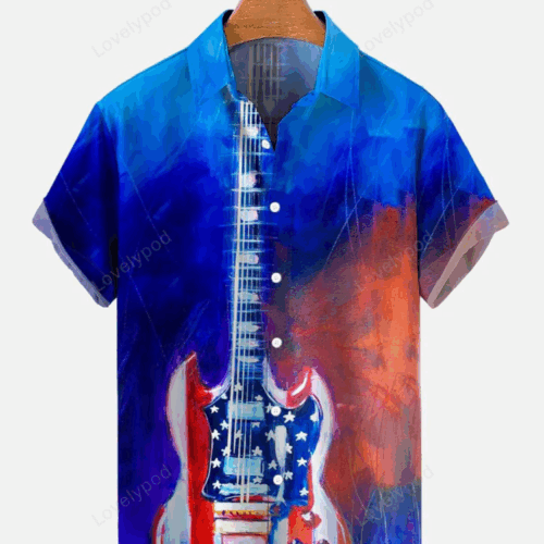 Celebrate Independence Day with American Flag Guitar Hawaiian Shirt Gift for Men Dad Fathers – Perfect for Men and Women!