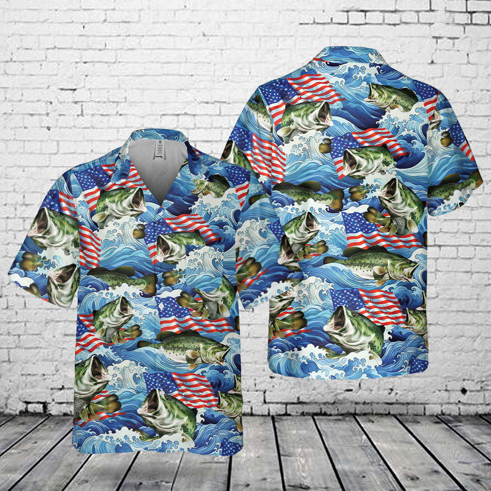 Largemouth Bass Fishing Flag Pocket Hawaiian Shirt Gift for Men Dad Father Gift for Men Dad Father