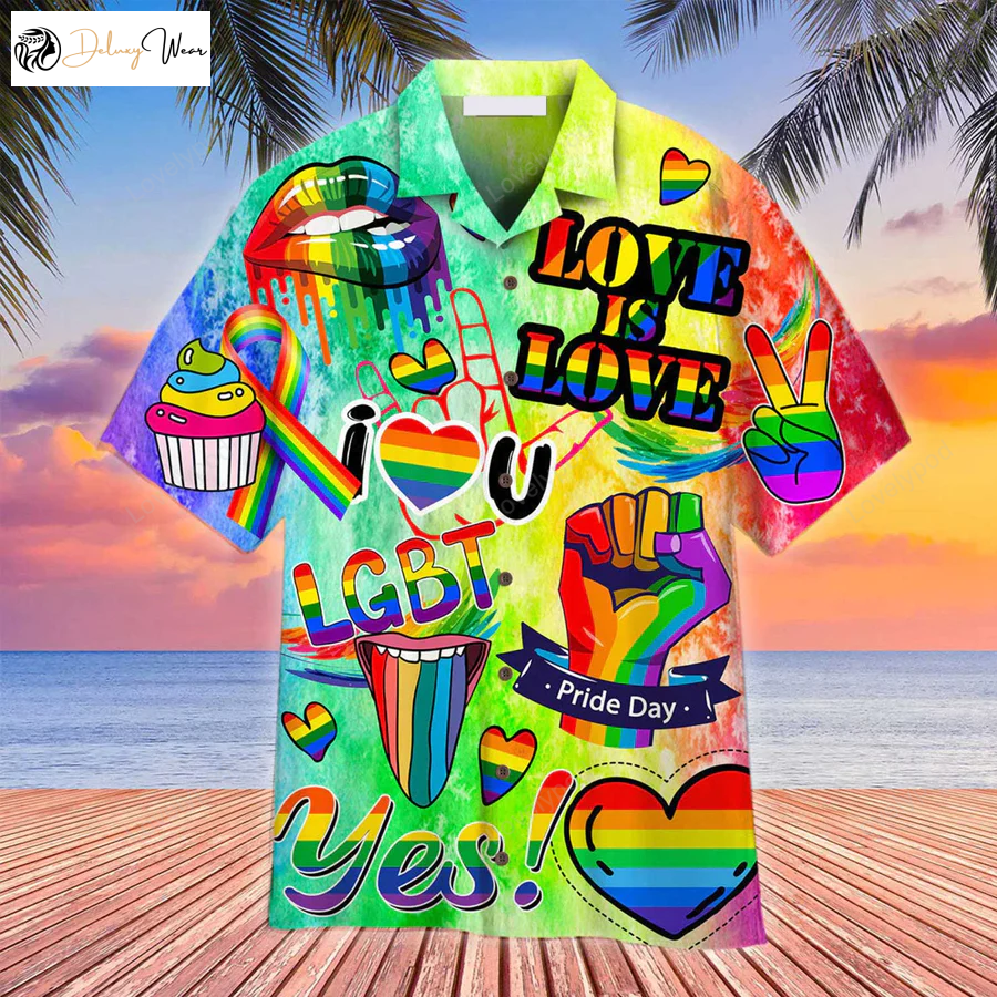 Colorful LGBT Aloha Hawaiian Shirt Gift for Men Dad Fathers for Summer Love Is Love – Celebrate LGBT Month