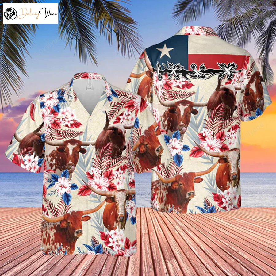 Longhorn Cattle Texas Flag Hawaiian Shirt Gift for Men Dad Father – Farm Cow Hawaiian Shirt Gift for Men Dad Father for Men & Women