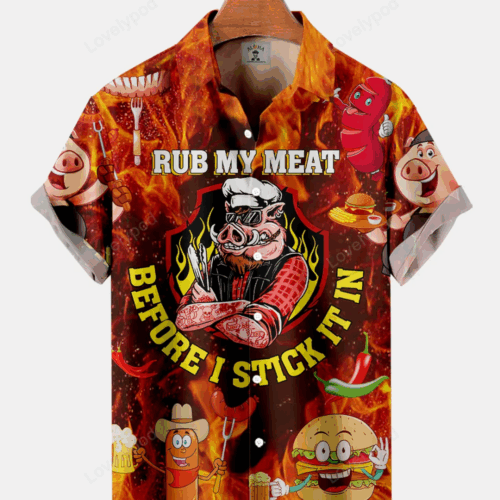 Flame Print Hawaiian Rub My Meat Shirt: Fun & Stylish Men s Short Sleeve