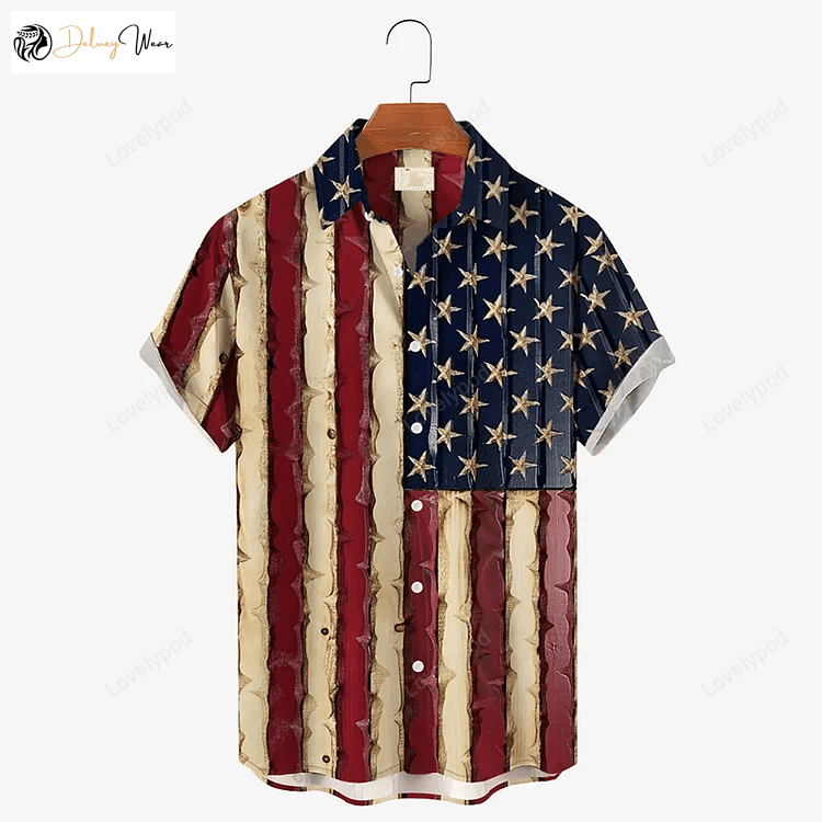 Vintage Textured American Flag Plus Size Hawaiian Shirt Gift for Men Dad Father – Men s & Women s