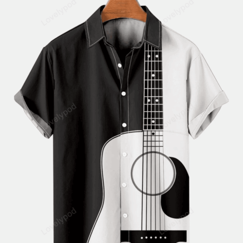 Stylish Mens Folk Pop Guitar Print Hawaiian Shirt Gift for Men Dad Father – Short Sleeve Casual Attire