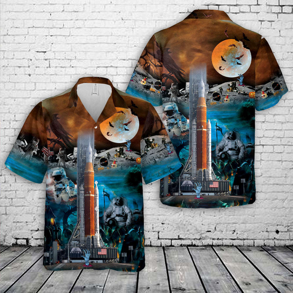 NASA Artemis SLS Moon Rocket Halloween Hawaiian Shirt Gift for Men Dad Father Gift for Men Dad Father