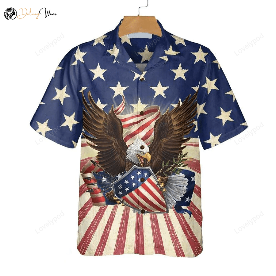 Patriotic Eagle Hawaiian Shirt Gift for Men Dad Father: Defending Honor & America- American Flag Button-Down