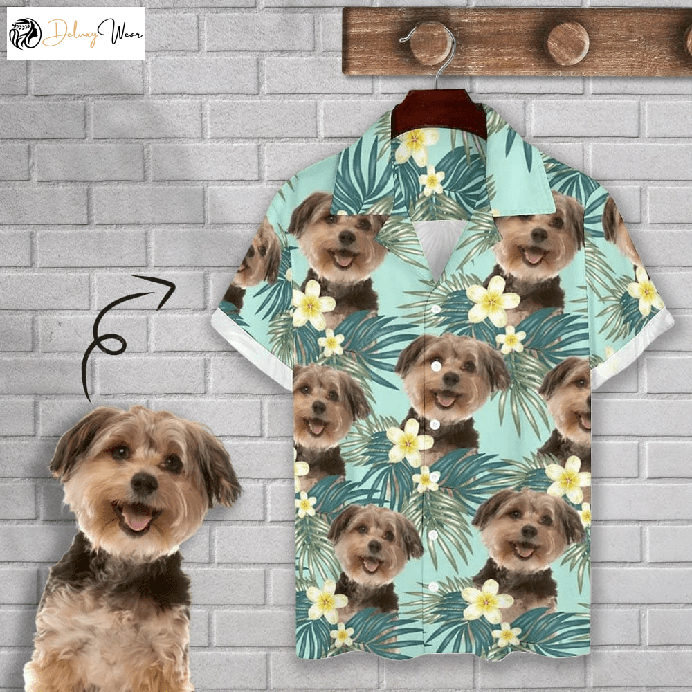 Custom Cuban Collar Shirt: Design Hawaiian Shirt Gift for Men Dad Father with Dog Face & Green Leaves for Husband Boyfriend