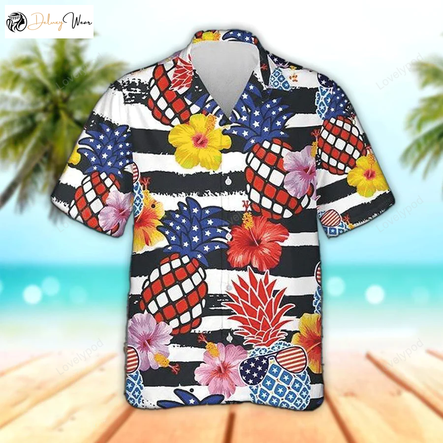 Pineapple Hawaiian Shirt Gift for Men Dad Father: Patriotic Aloha Beach Shirt for a Tropical Vibe!