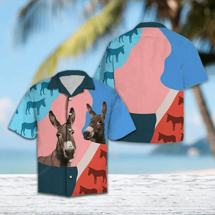 Stylish Pink & Blue Geometric Hawaiian Shirt Gift for Men Dad Father with Donkey Design – Perfect Summer Wear