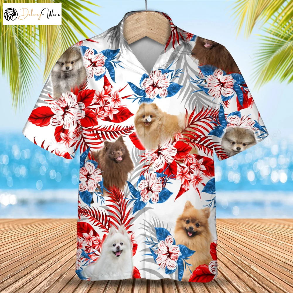 Pomeranian Flower American Flag Hawaiian Shirt Gift for Men Dad Father – Men s Summer Aloha Shirt Perfect Gift for Summer