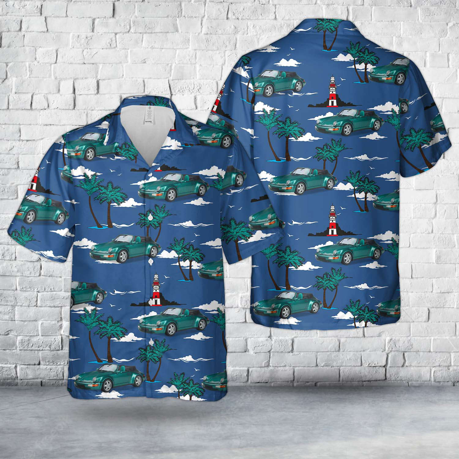 Porsche 911 964 Carrera 2 Cabriolet Turbo-Look American Roadster Wimbledon Green Metallic 1992 Hawaiian Shirt Gift for Men Dad Father Gift for Men Dad Father