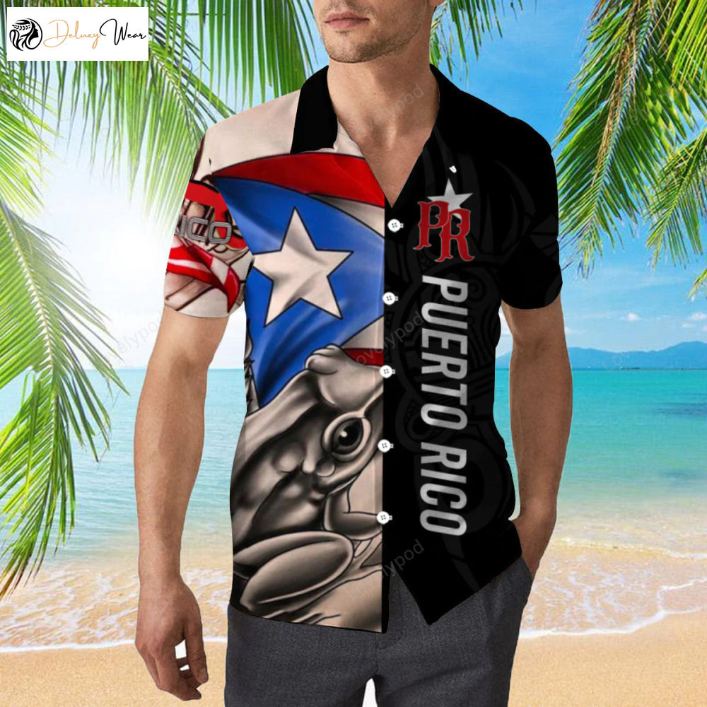 Caribbean Frog Black Aloha Hawaiian Shirt Gift for Men Dad Fathers for Men & Women in Puerto Rico