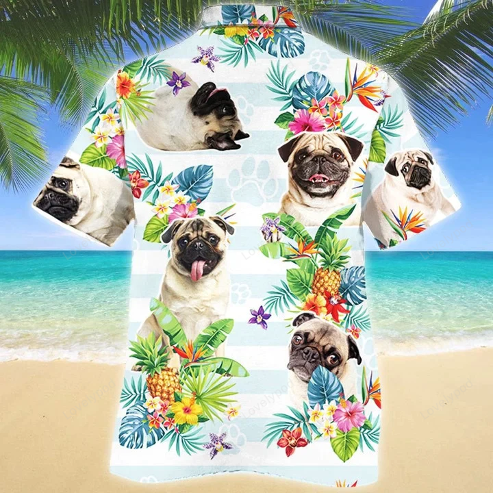 Pug Dog Paw Tropical Flower Hawaiian Shirt Gift for Men Dad Father – Blue & White Stripe Short Sleeve Aloha Shirt for Men & Women