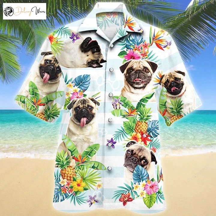 Pug Dog Paw Tropical Flower Hawaiian Shirt Gift for Men Dad Father – Blue & White Stripe Short Sleeve Aloha Shirt for Men & Women