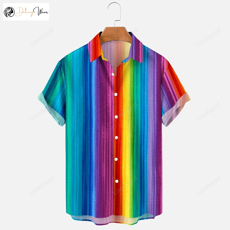 Vibrant Rainbow Gradient Hawaiian Shirt Gift for Men Dad Father – Short Sleeve Print for Summer