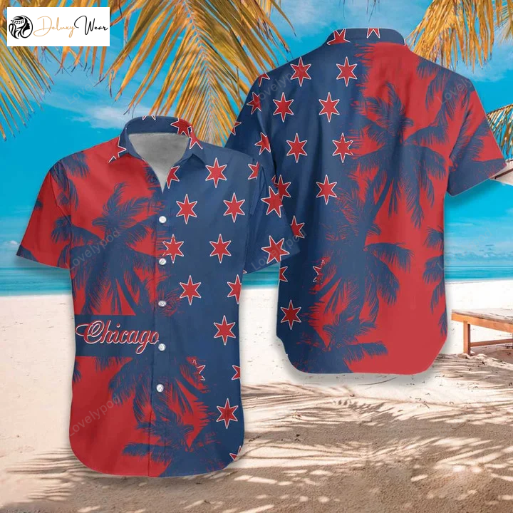 Vibrant Red and Blue Chicago Watercolor Hawaiian Shirt Gift for Men Dad Father – Stylish and Unique Design!