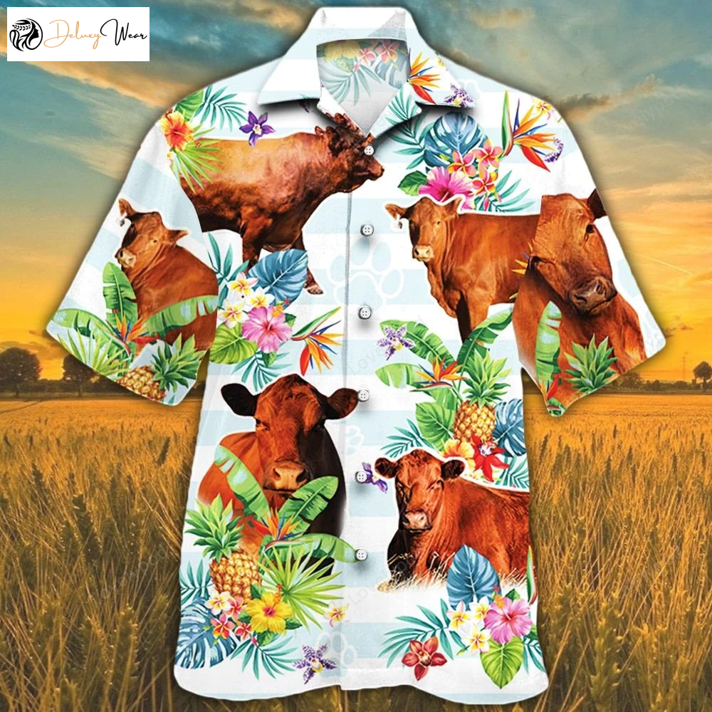 Stylish Red Angus Cattle Hawaiian Shirt Gift for Men Dad Father: Tropical Flower Lover s Delight