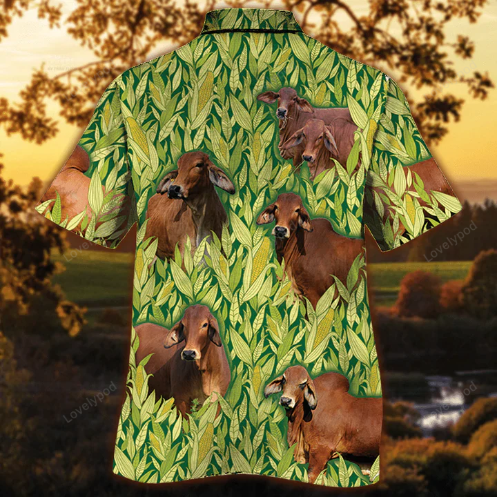 Vintage Farm Hawaiian Men s Shirt: Red Brahman Cattle Lovers Corn Pattern