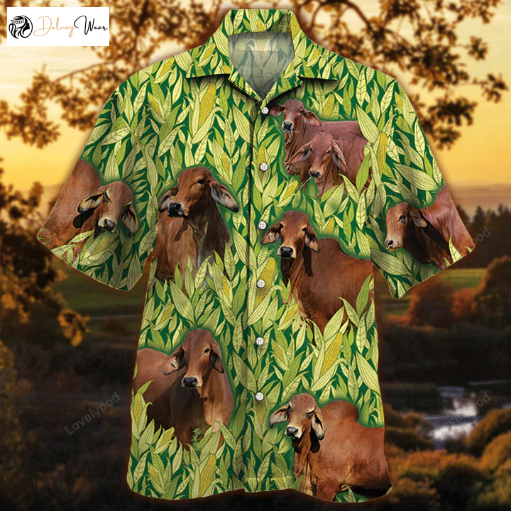 Vintage Farm Hawaiian Men s Shirt: Red Brahman Cattle Lovers Corn Pattern