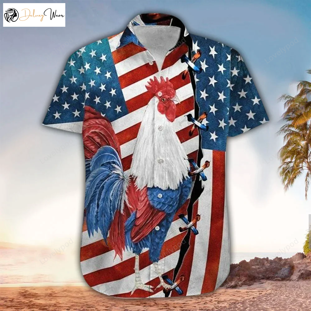 Rooster American Flag Hawaiian Shirt Gift for Men Dad Father – 4th Of July Aloha Button Down for Men & Women