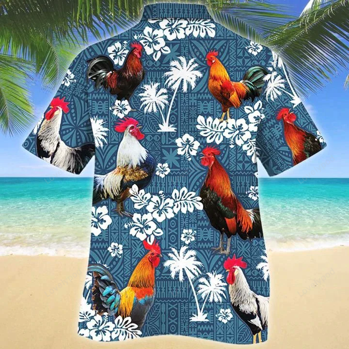 Rooster Lovers Blue Tribal Hawaiian Shirt Gift for Men Dad Father – Stylish Chicken Aloha Shirts for Men and Women