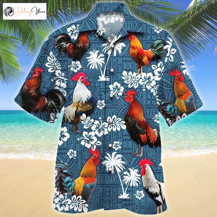 Rooster Lovers Blue Tribal Hawaiian Shirt Gift for Men Dad Father – Stylish Chicken Aloha Shirts for Men and Women