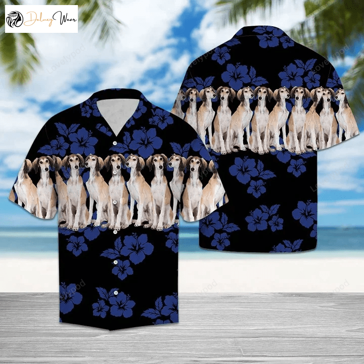 Stylish Saluki Dogs in Black Hawaiian Shirt Gift for Men Dad Father with Blue Hibiscus Print
