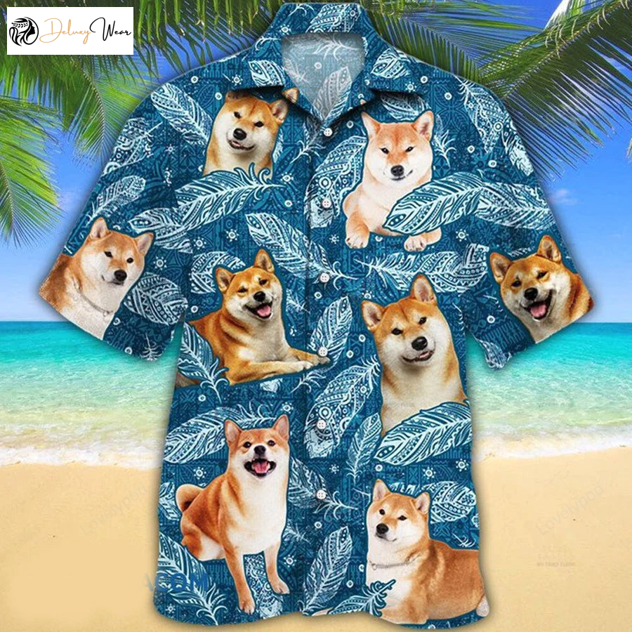 Stylish Shiba Inu Dog Lovers Hawaiian Shirt Gift for Men Dad Father – Blue Feather & Hawaii Design