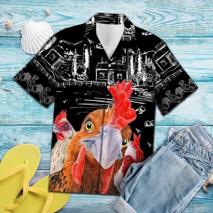 Vibrant Rooster Hawaiian Shirt Gift for Men Dad Father: Sketch Countryside Delight